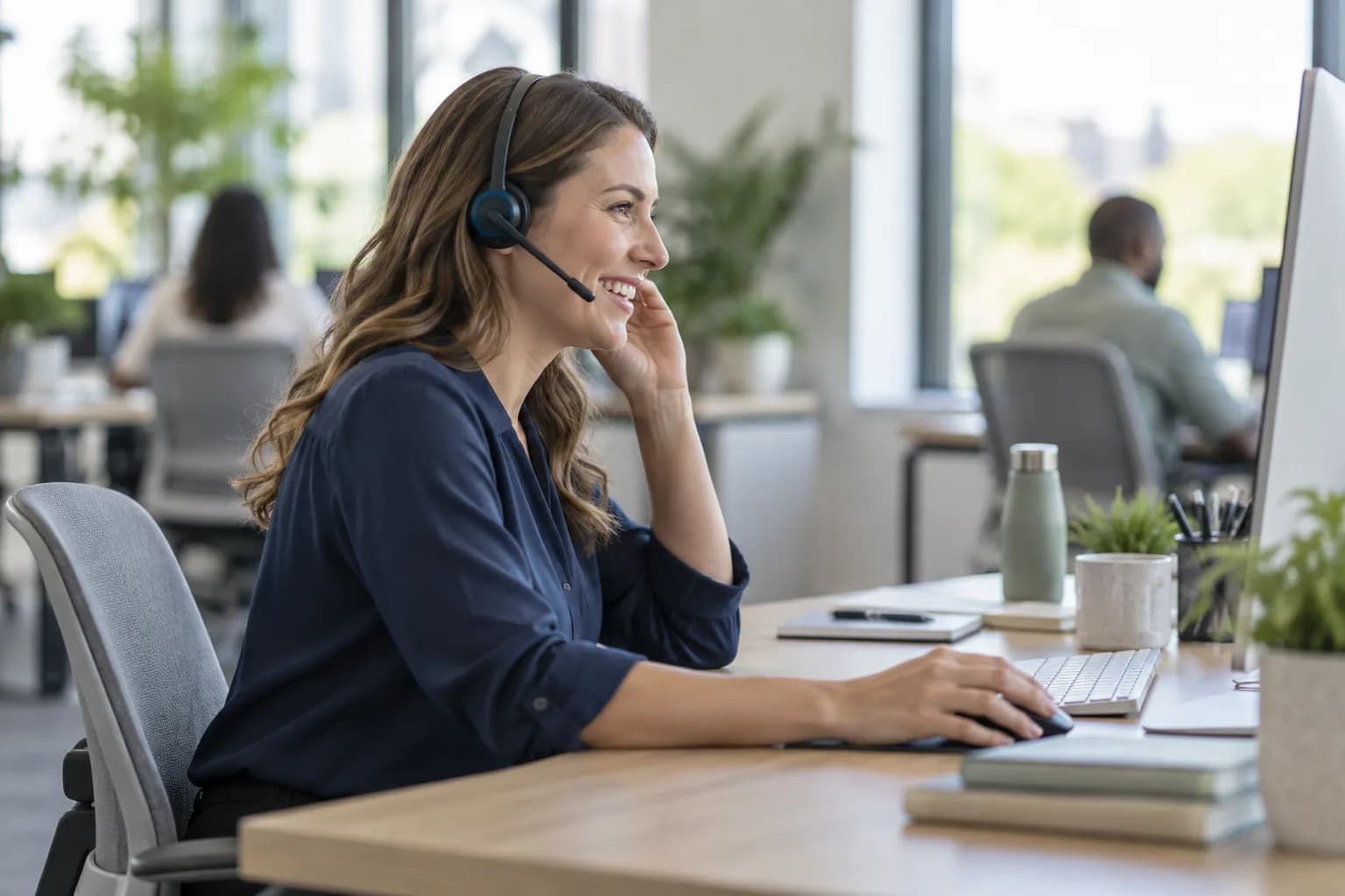 A professional taking a call at a tidy desk in a modern office