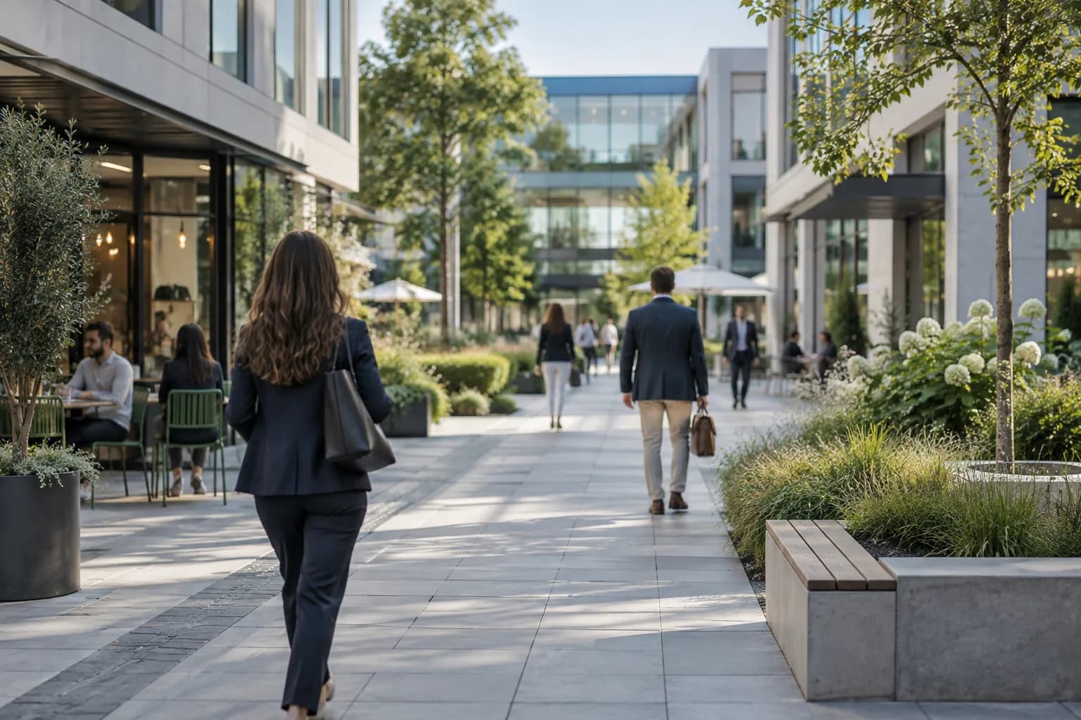 People walking through a modern business park courtyard