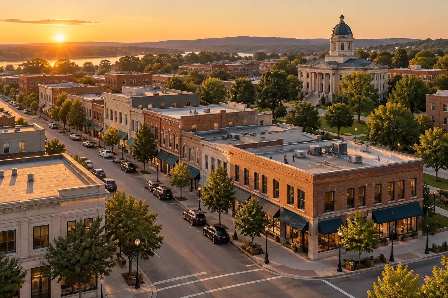 An American small-city commercial district from above at golden hour