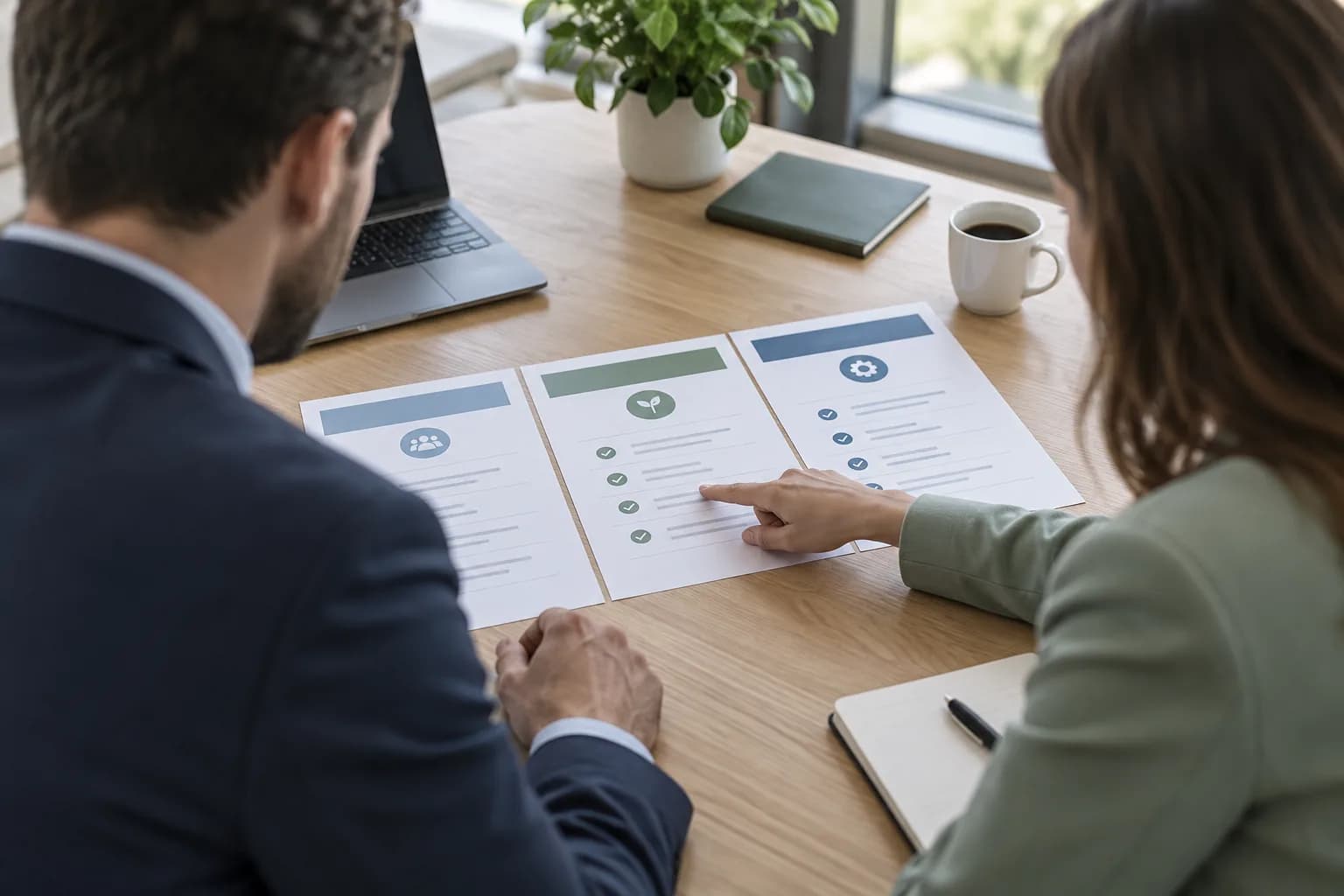 Two people comparing three printed service plans across a table