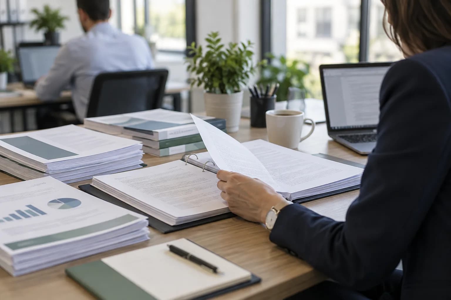 A desk stacked with printed business guides and a ring binder