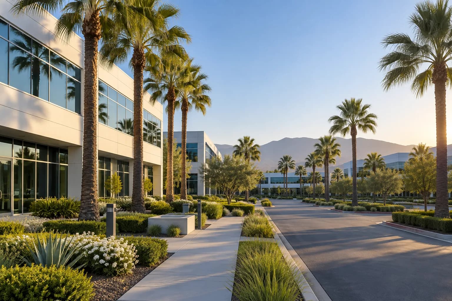 A California business park lined with palms under clear light