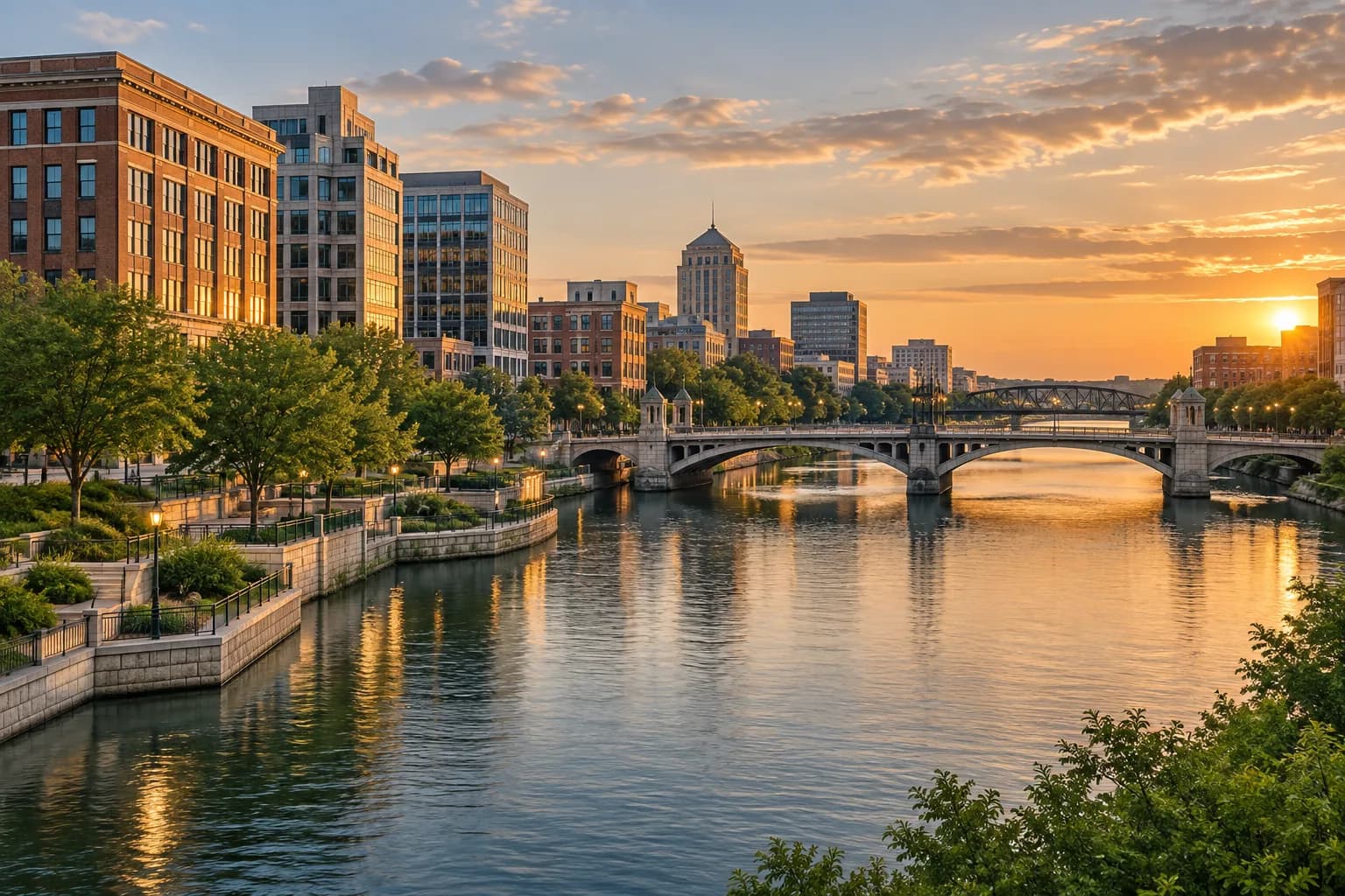 An Illinois city riverfront lined with offices at golden hour