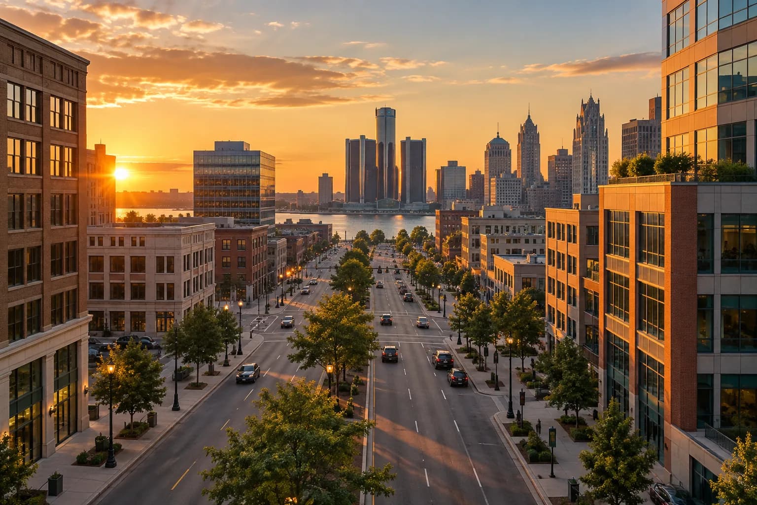 The Detroit business district and skyline at golden hour