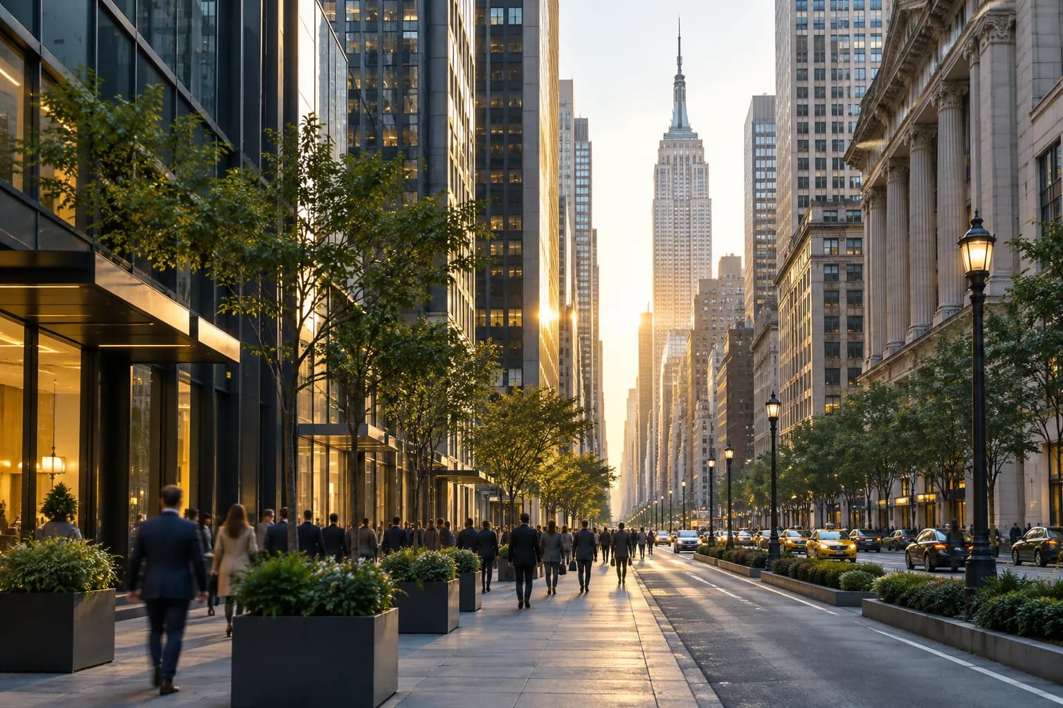 A New York office district street in soft morning light