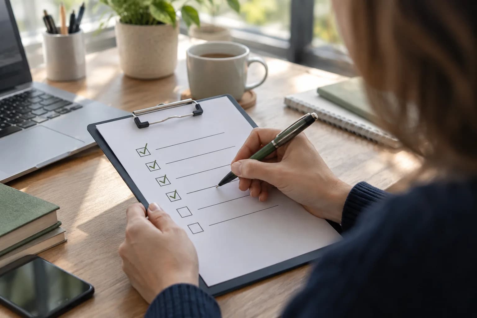 A checklist on a clipboard being ticked off at a desk