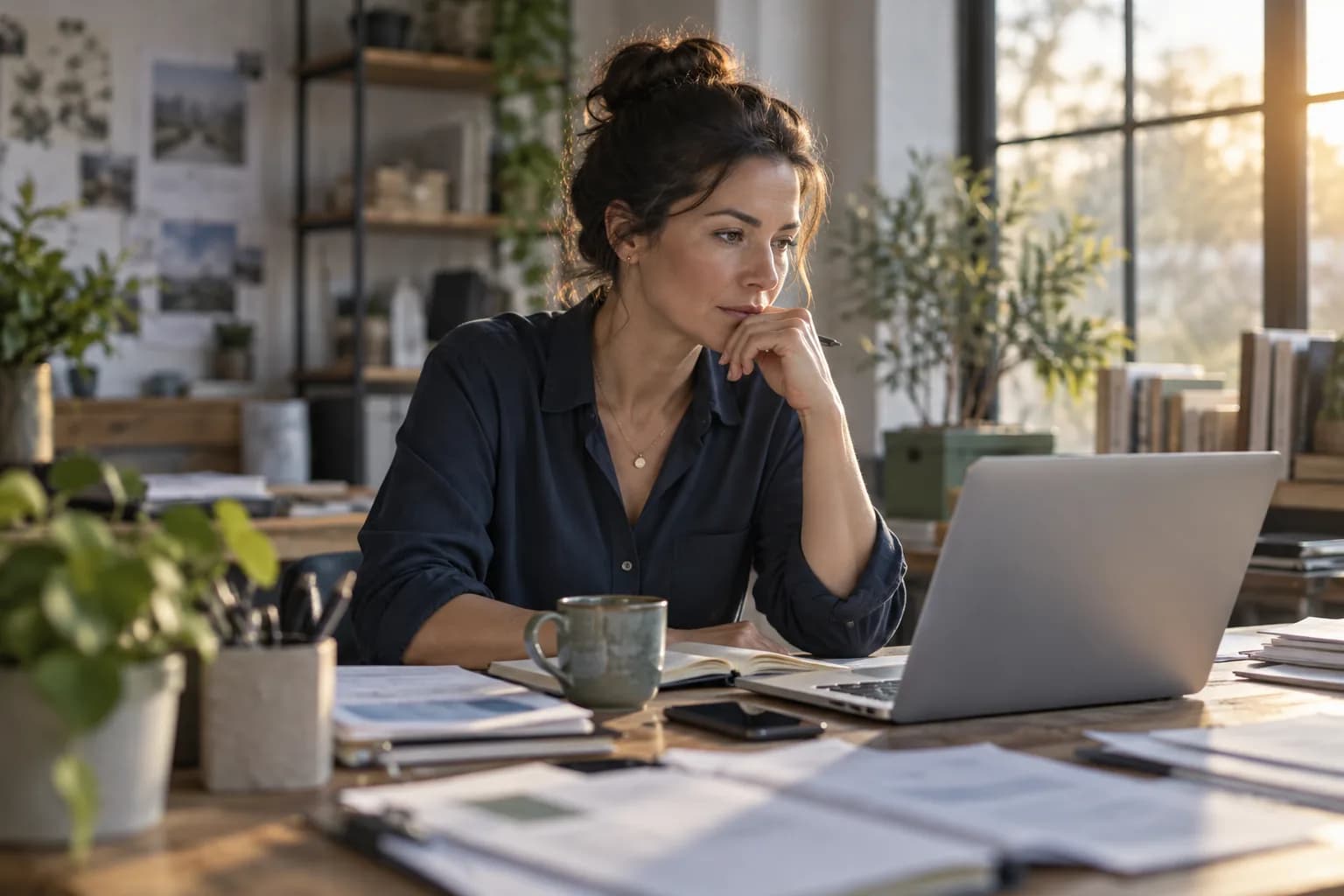 A business owner considering paperwork at a laptop in late light