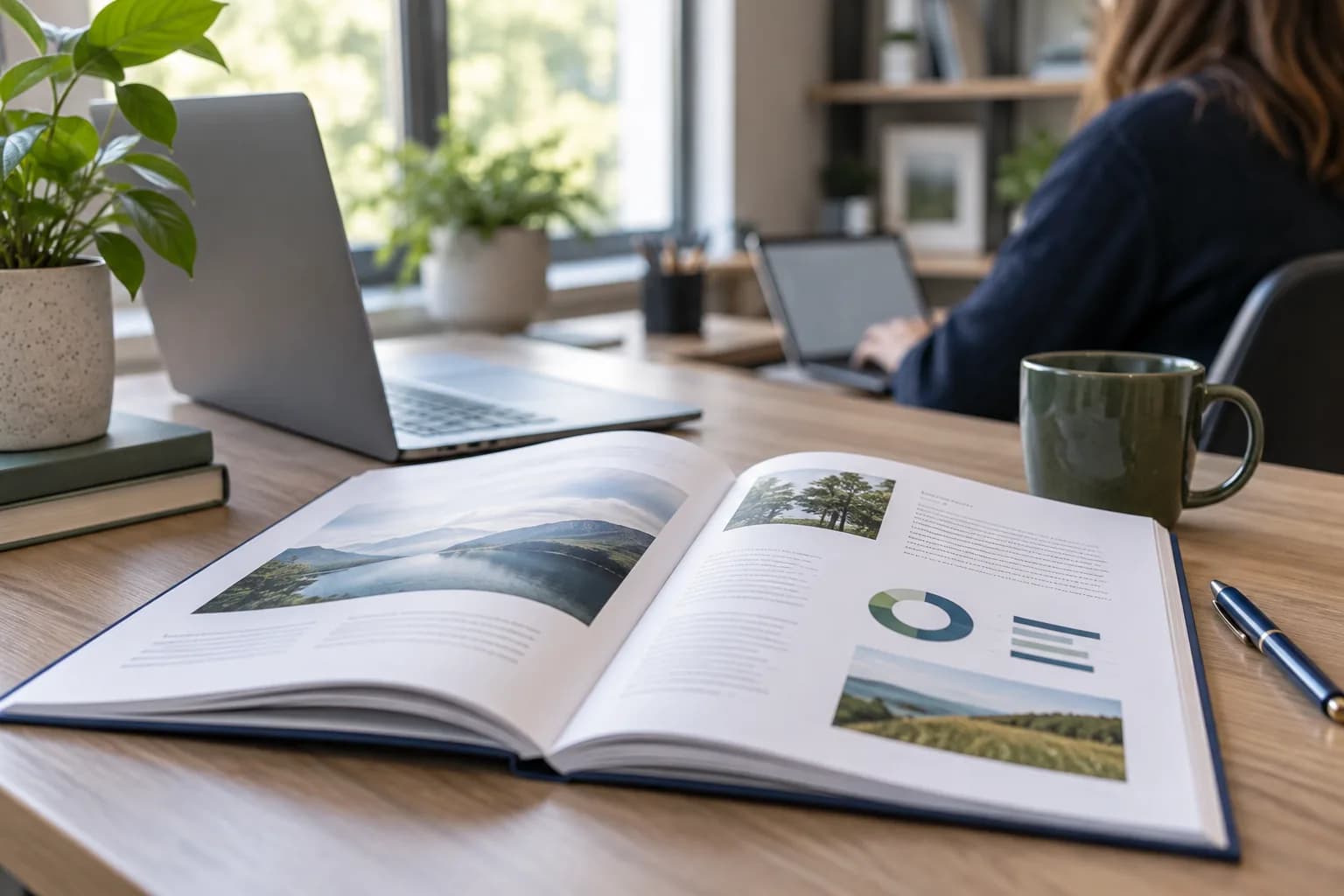 A printed handbook lying open on a desk beside a laptop