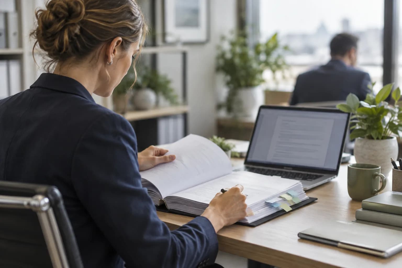 An HR professional reviewing a tabbed policy binder beside a laptop