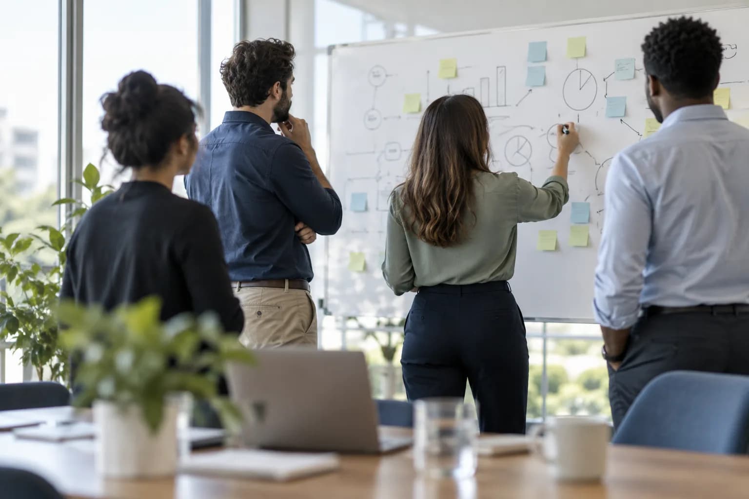 A team planning at a whiteboard covered in diagrams and sticky notes