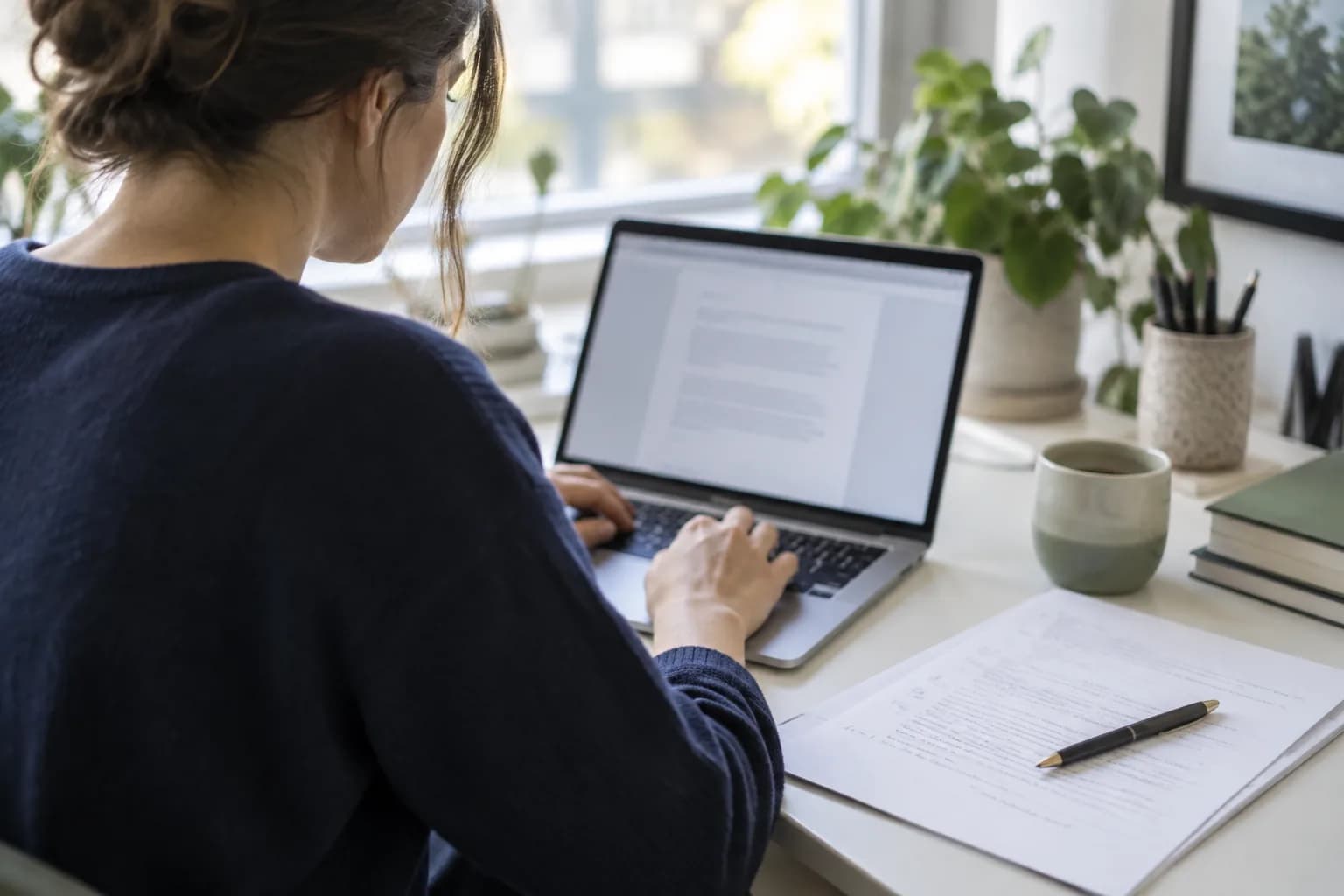 Someone drafting on a laptop beside a printed page of notes