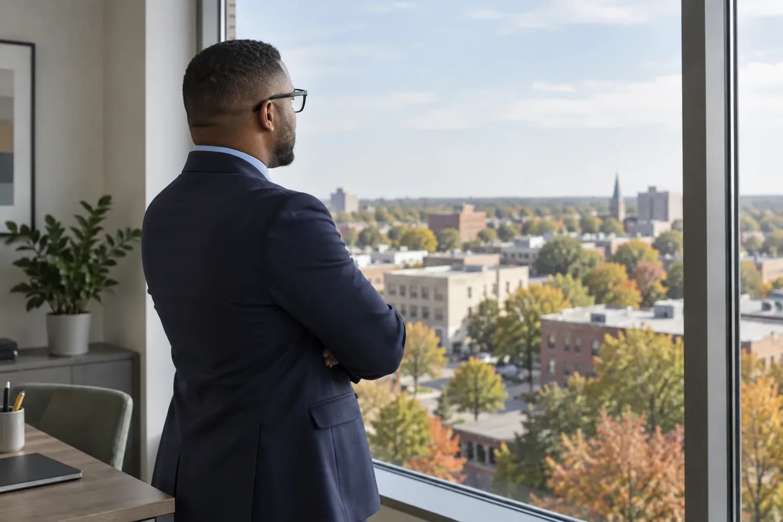 An HR director looking out over a Midwest town from an office window