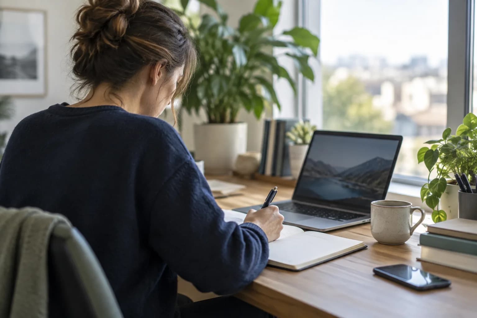 Someone writing notes beside a laptop in a bright office corner