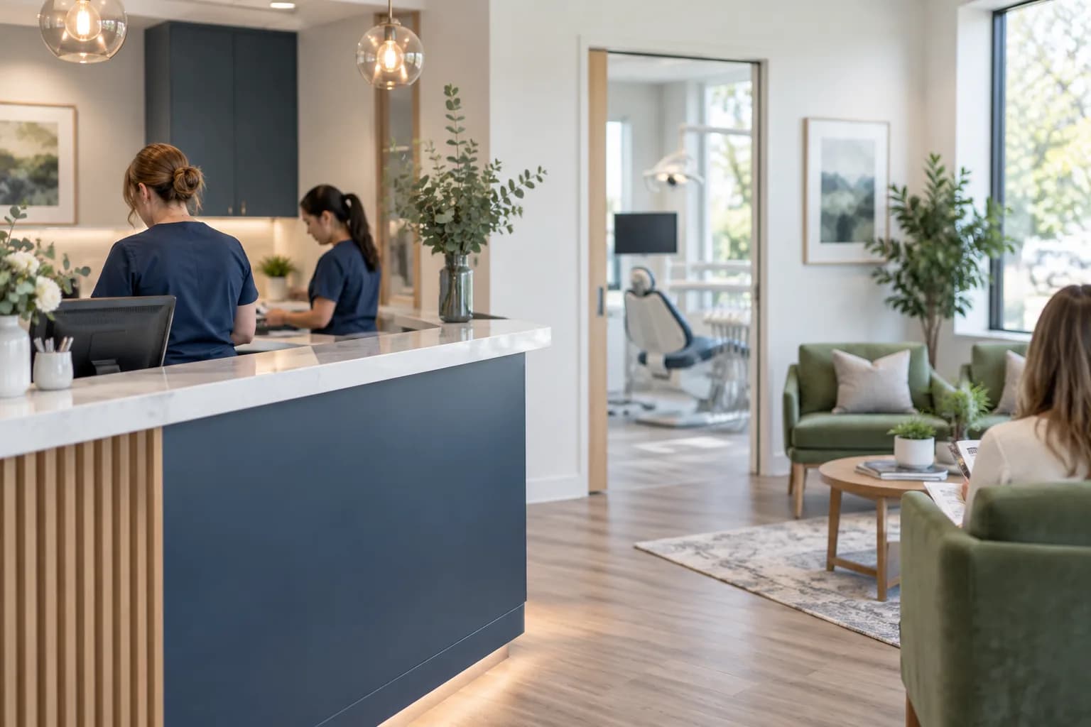 The reception and treatment area of a modern dental practice