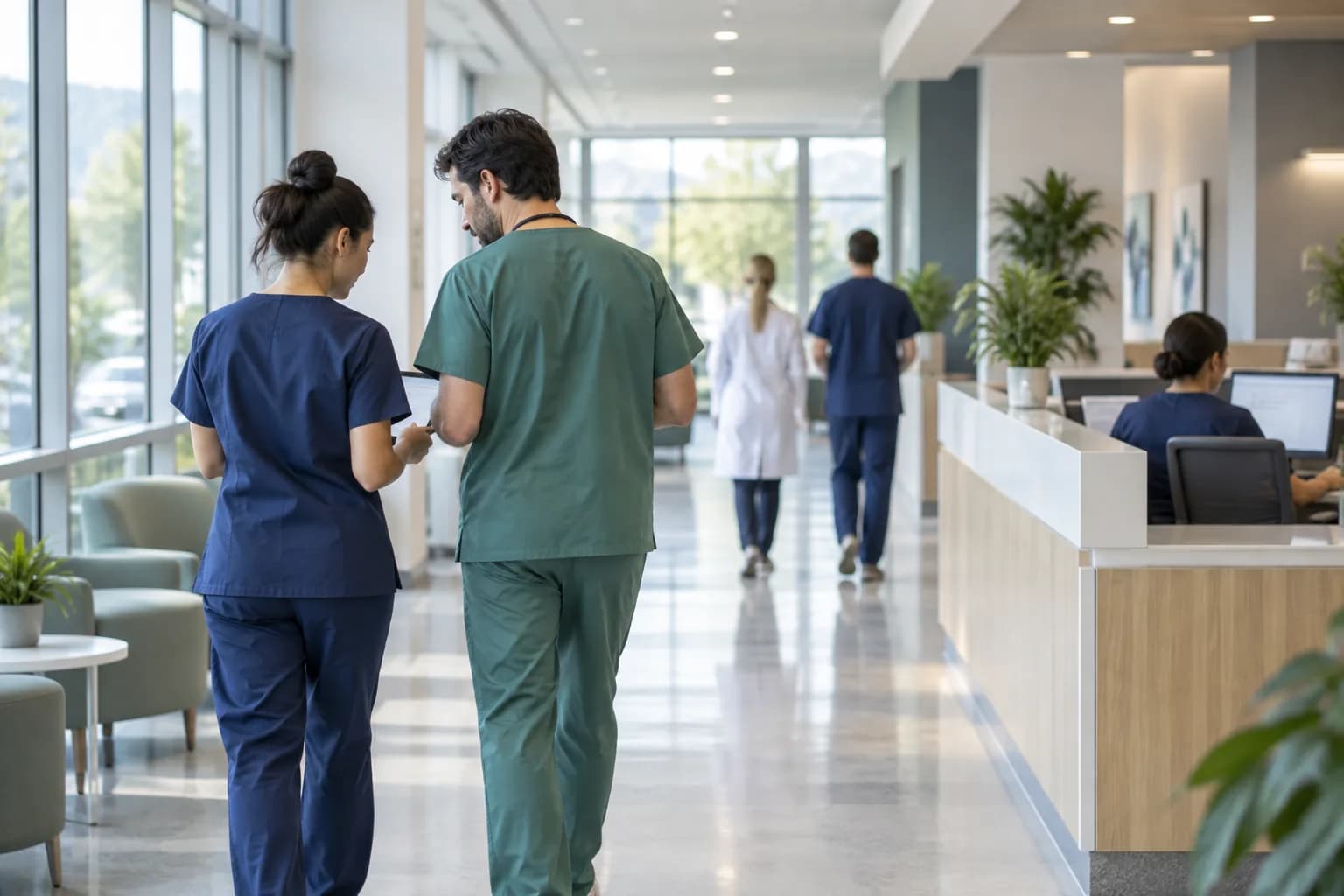 Clinicians walking through a bright medical clinic corridor