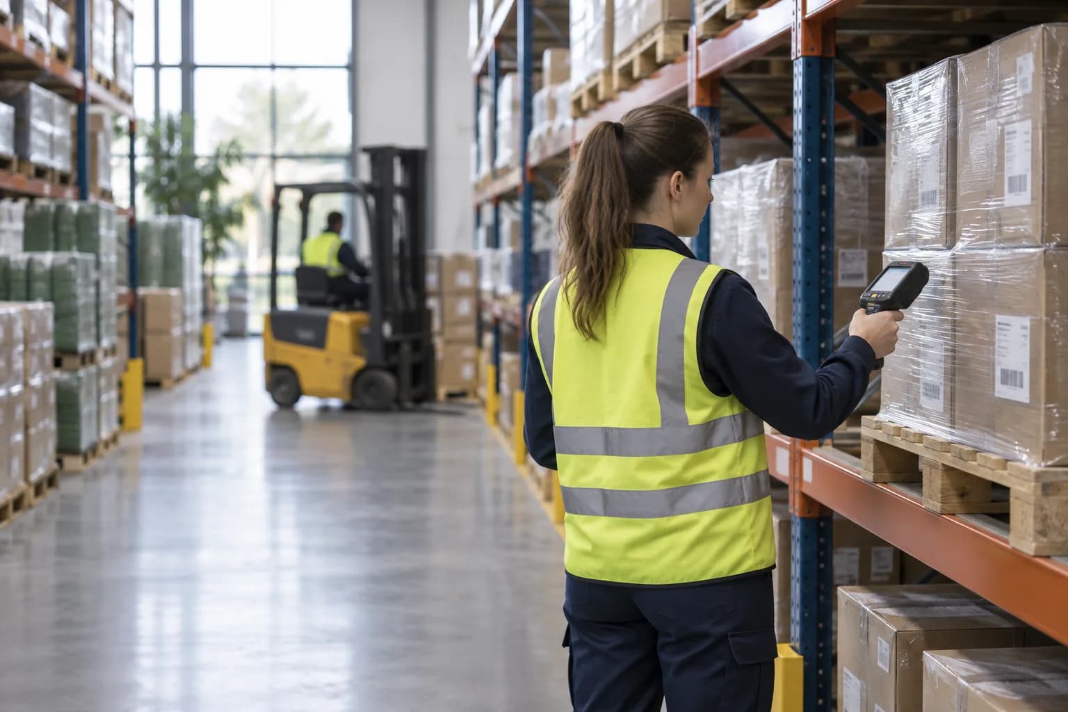 A warehouse worker scanning inventory beside racking and pallets