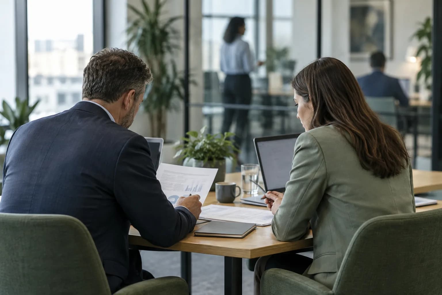 Two colleagues reviewing documents in a professional office