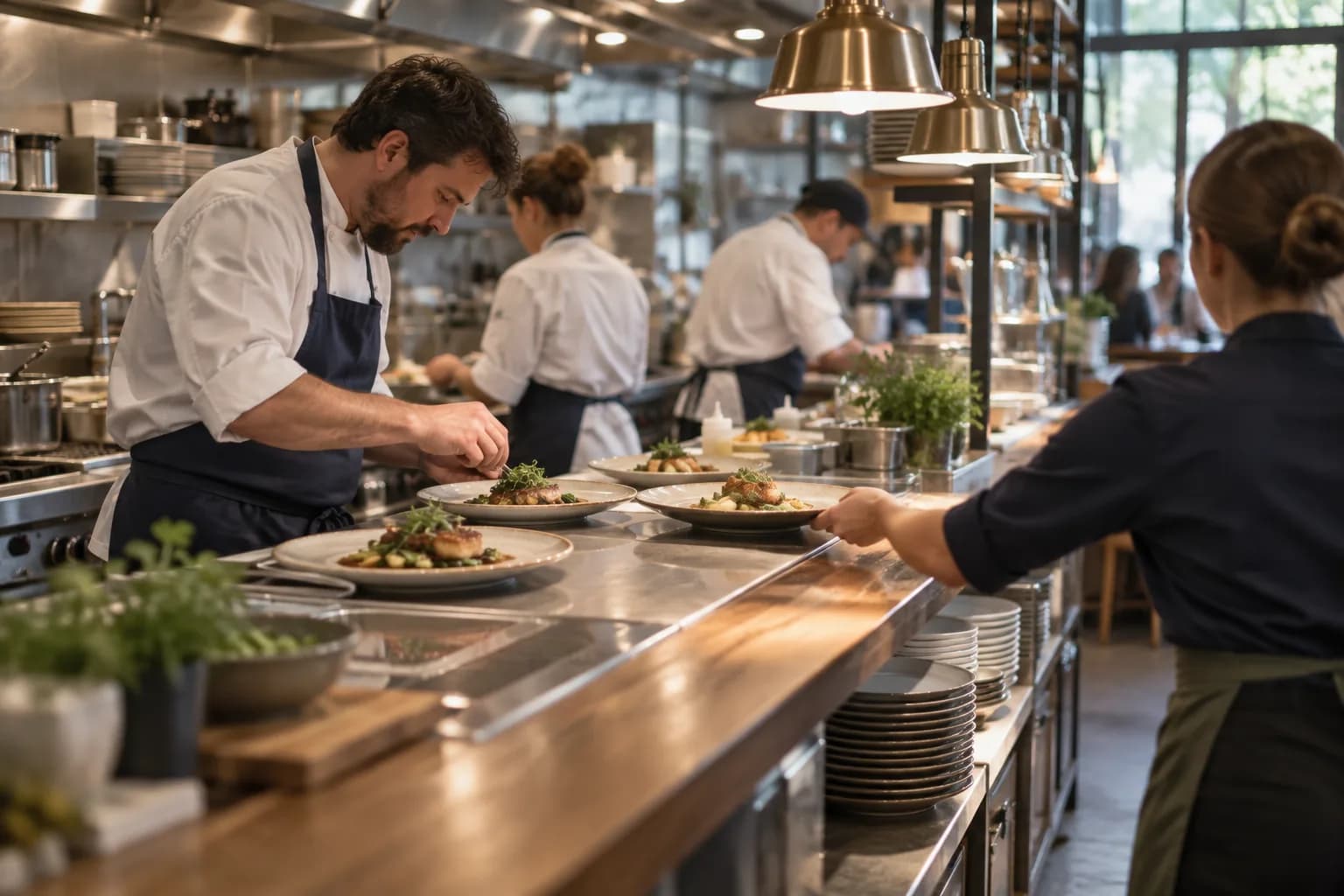 Chefs plating dishes at the pass of a busy restaurant kitchen