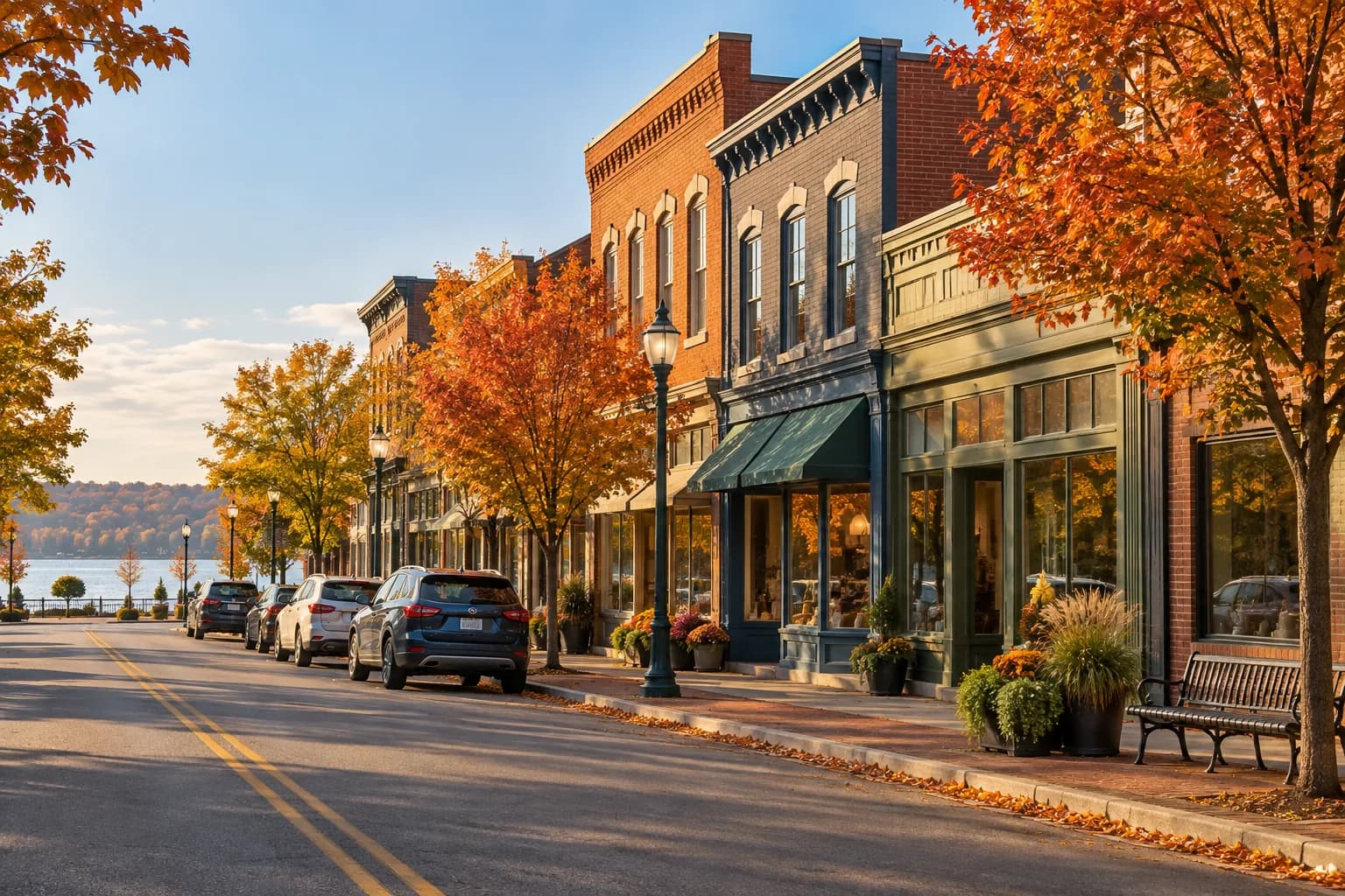 A Michigan main street of brick storefronts on an autumn morning