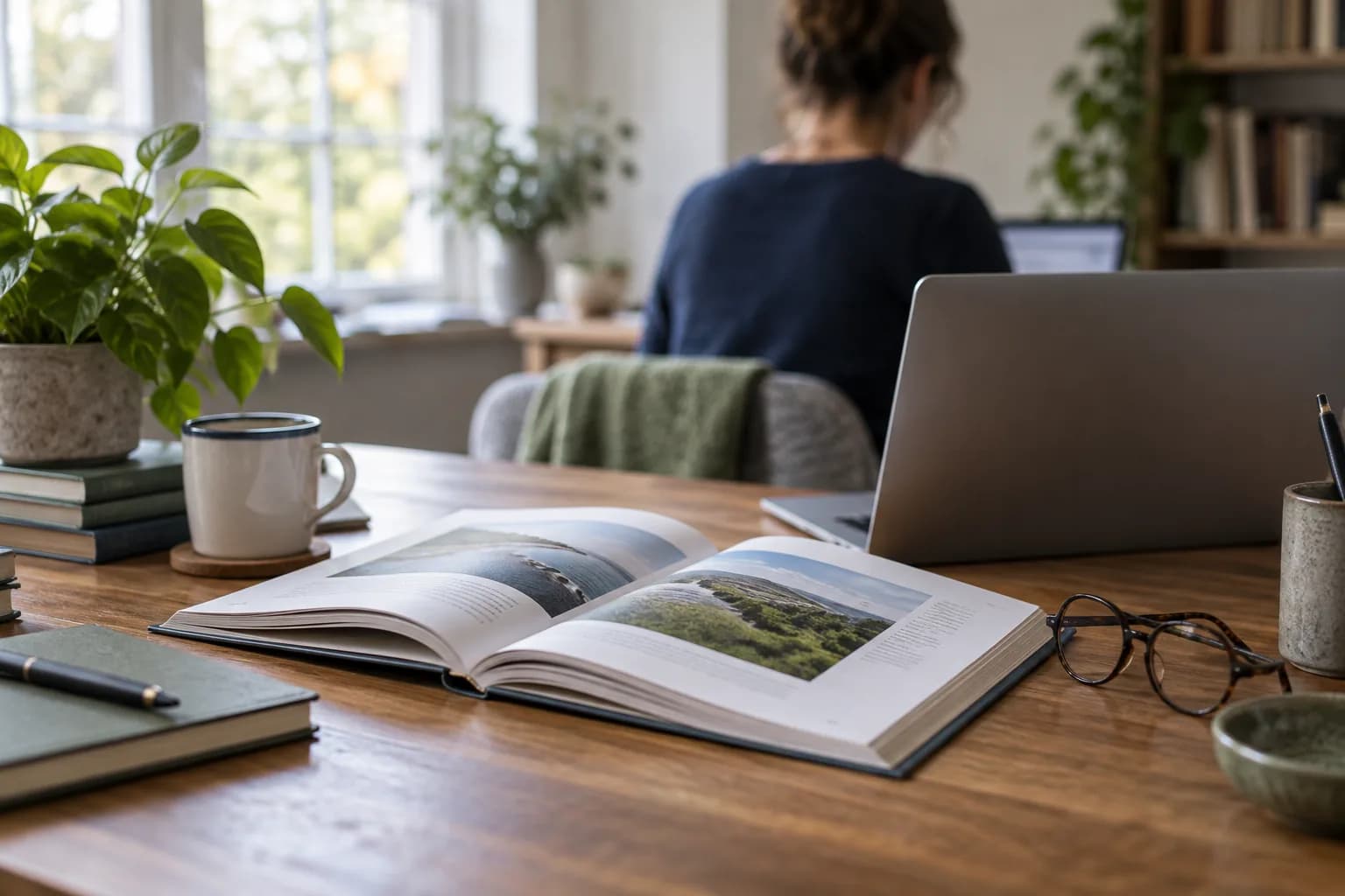 An open reference book beside a laptop and reading glasses