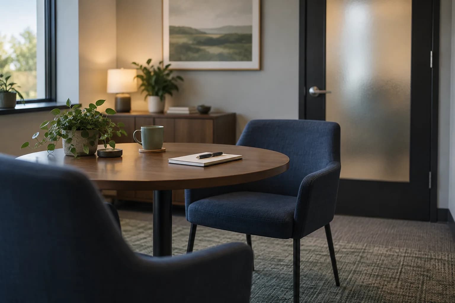 A private meeting room set up for a confidential interview